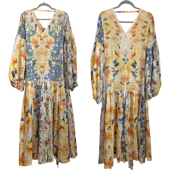 Uli Herzner Silk Floral Yellow Blue Long Baloon Sleeve V-neck Maxi Dress S/M - Picture 8 of 8